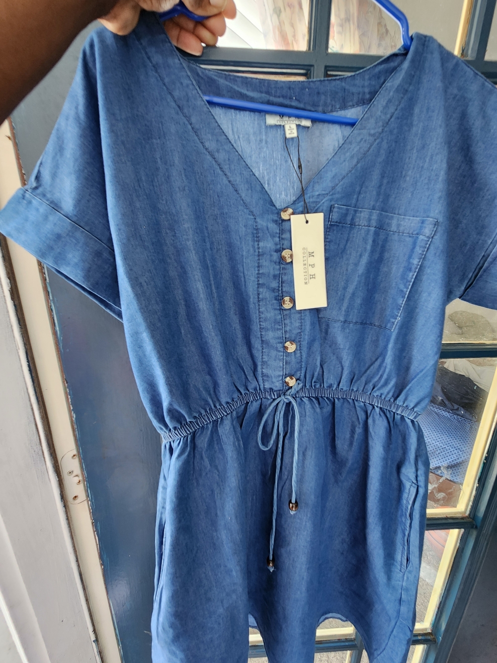Relaxed V-Neck Drawstring  Dress - Blue Jeans